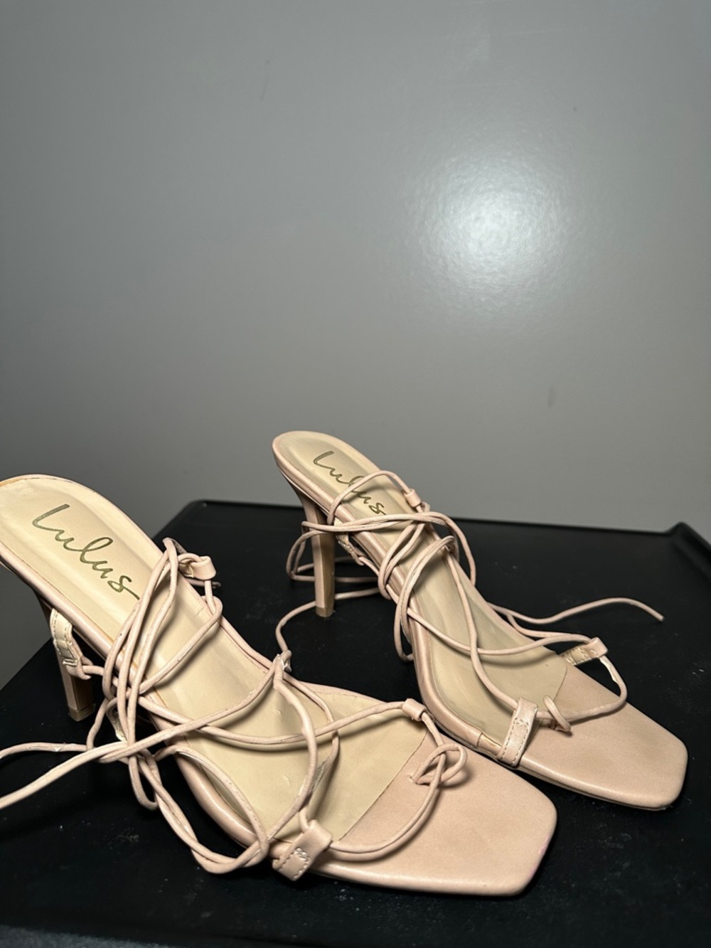 Lulu's Blush Lace-Up Square-Toe Stiletto Heels